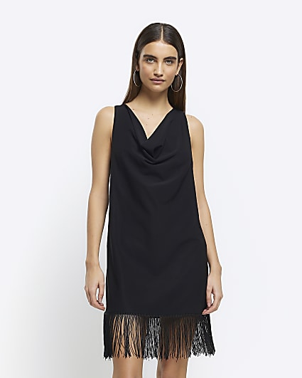 Black fringe hem shift mini dress