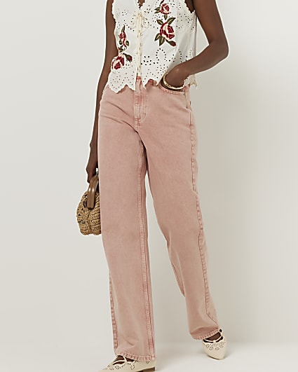 Pink high waisted relaxed straight fit jeans