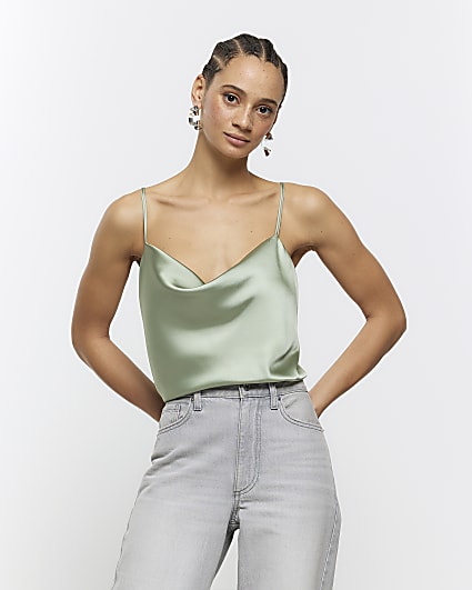 Khaki satin cowl neck cami top