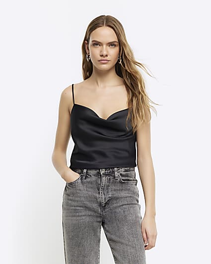 Black Satin Cowl Neck Cami Top