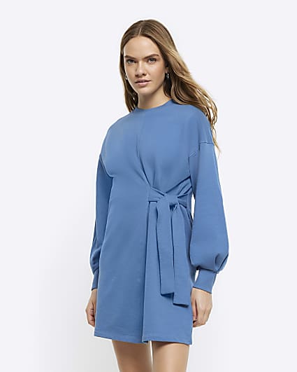 Blue tie side sweatshirt mini dress