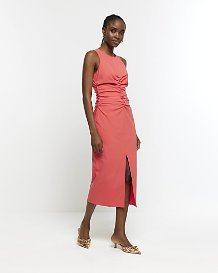 Coral ruched split bodycon midi dress