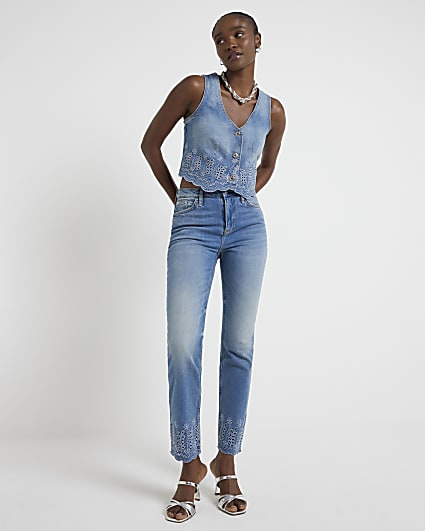 Blue high waisted broderie slim jeans