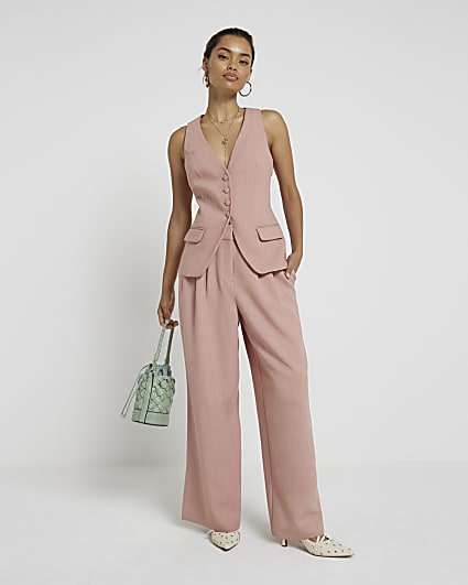 Petite pink pleated wide leg trousers