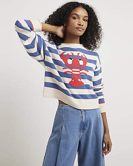 Blue stripe lobster embroidered jumper