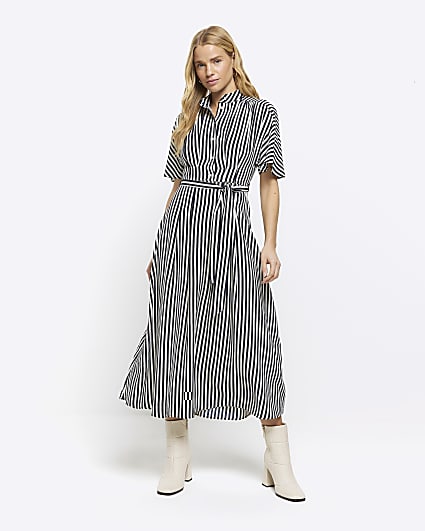 Navy stripe belted midi shirt dress