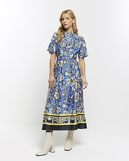 Blue satin floral belted midi shirt dress