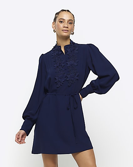 Navy floral tie waist shift mini dress