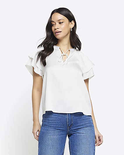 White satin frill sleeve blouse