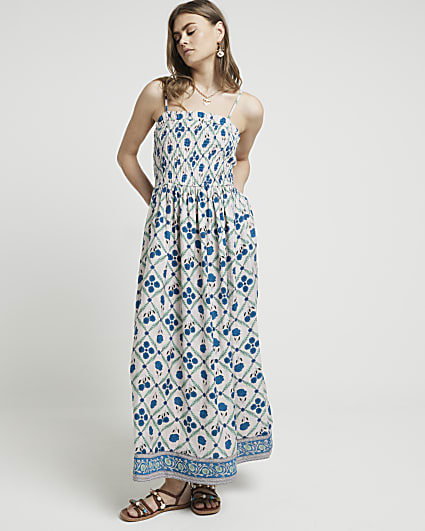 Blue floral shirred smock midi dress