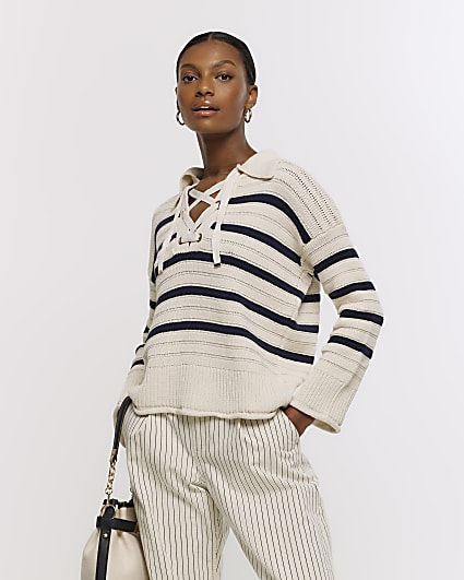 Cream stripe lace up jumper