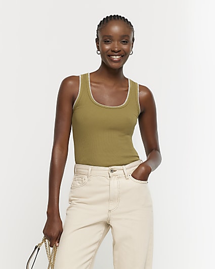 Khaki Whipstitch Vest Top