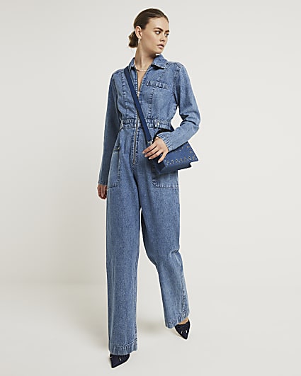 Blue zip up denim jumpsuit