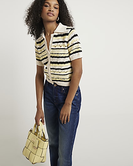 Yellow Crochet Stripe Polo Top