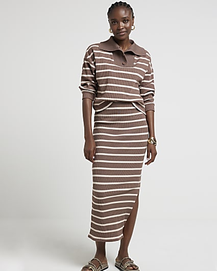 Brown ribbed stripe maxi skirt