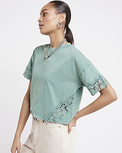 Green lace panel t-shirt