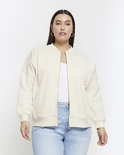 Plus cream zip up bomber sweatshirt