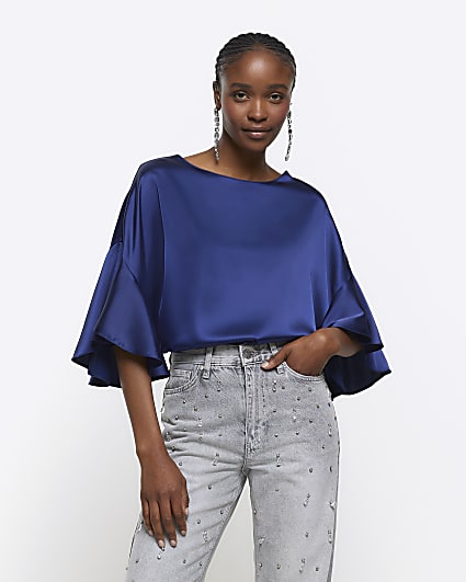 Navy satin fluted cuff t-shirt