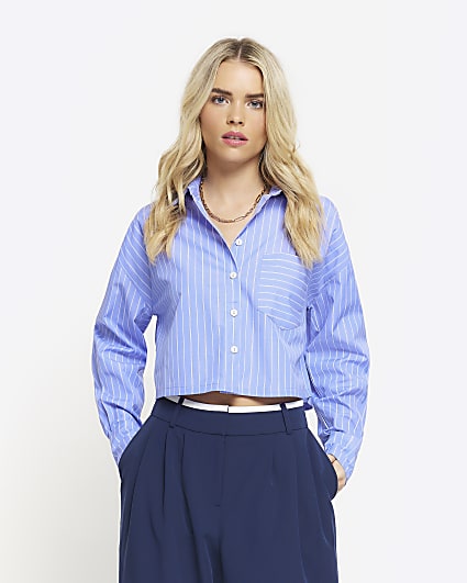 Petite blue stripe crop shirt