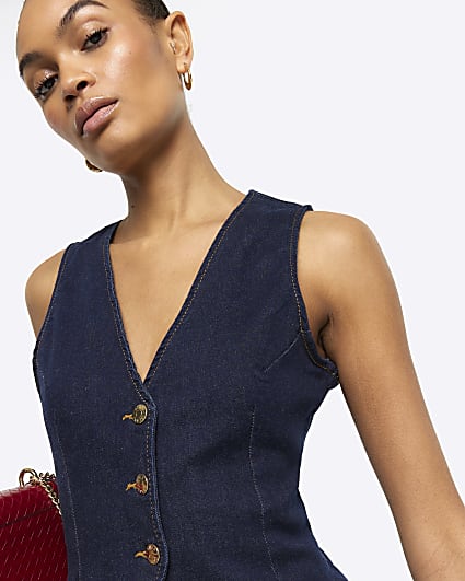 Blue button up denim waistcoat