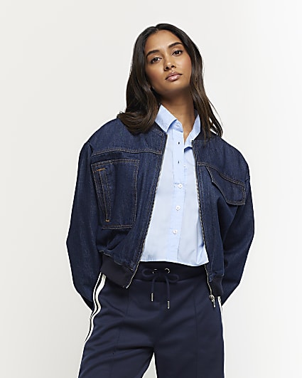 Blue denim cropped zip up bomber jacket