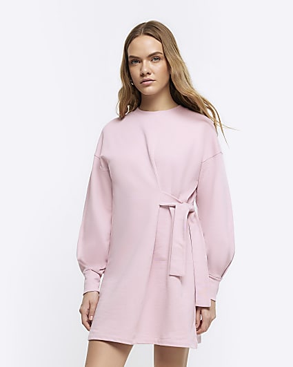 Pink tie side sweatshirt mini dress