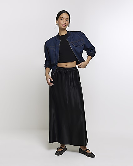 Black satin tie waist maxi skirt