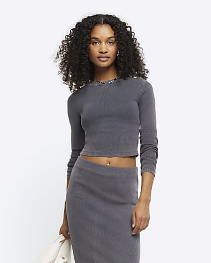 Grey Long Sleeve ribbed Cropped Top