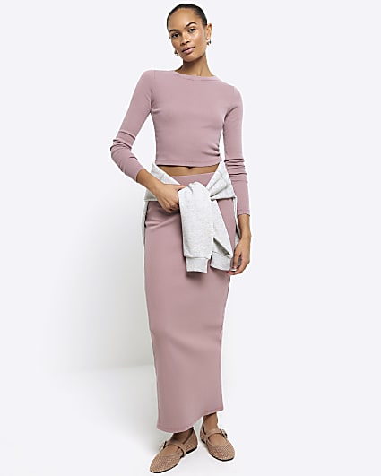 Pink rib pencil midi skirt