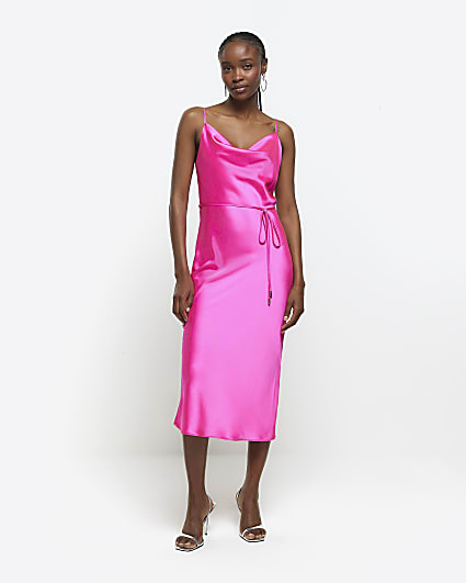 Pink satin cowl neck slip midi dress