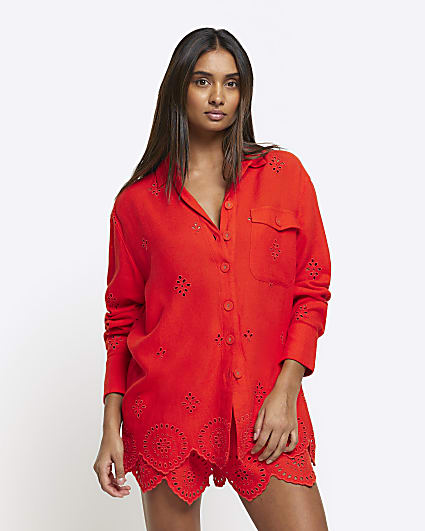 Red linen blend broderie detail shirt