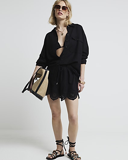 Black linen blend broderie detail shirt
