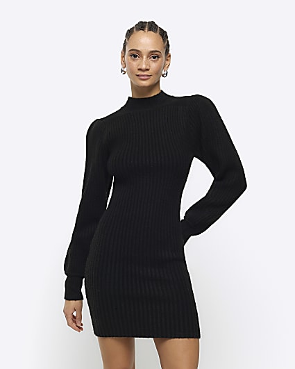 Black rib puff sleeve jumper mini dress