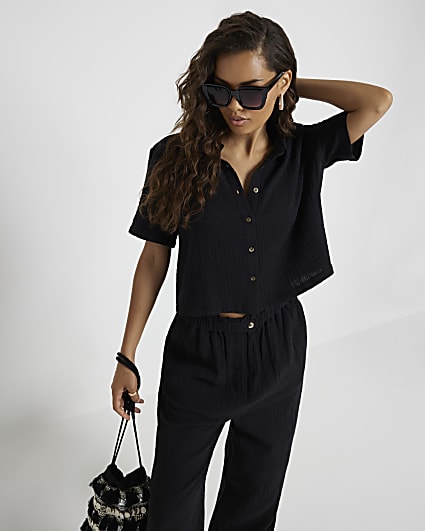 Petite black textured crop shirt