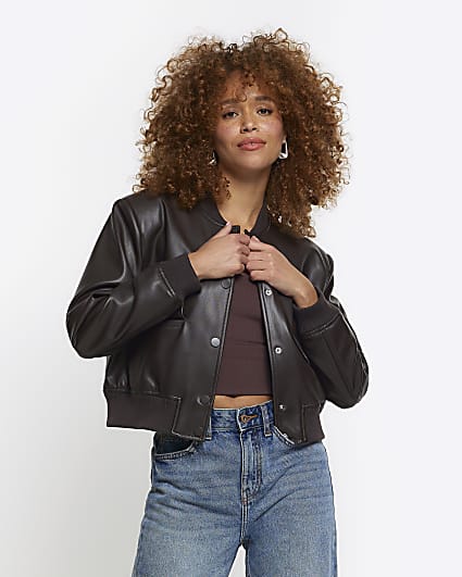 Brown faux leather crop bomber jacket