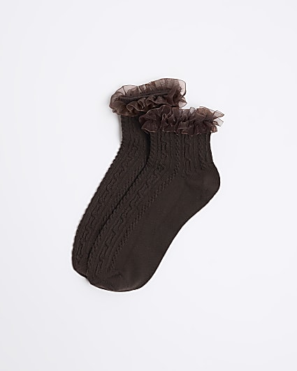 Brown cable knit frill ankle socks