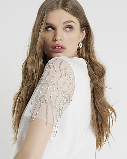 White Beaded Sleeve T-shirt