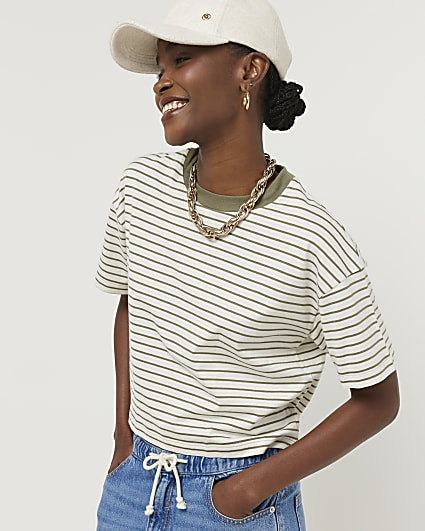 Khaki stripe crop t-shirt