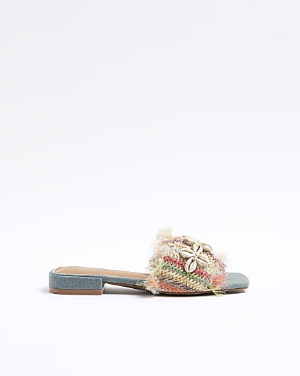 Blue denim raffia strap mule sandals