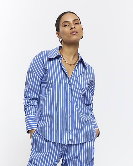 Petite blue stripe long sleeve shirt