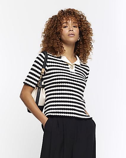 Cream crochet stripe polo top