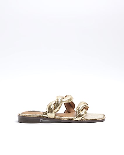 Gold Leather Twisted Strap Mule Sandals