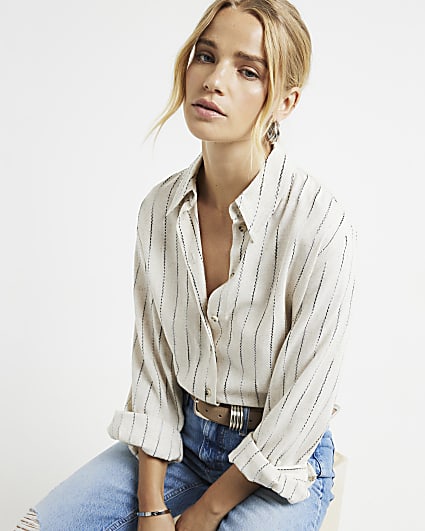 Beige linen blend embroidered crop shirt