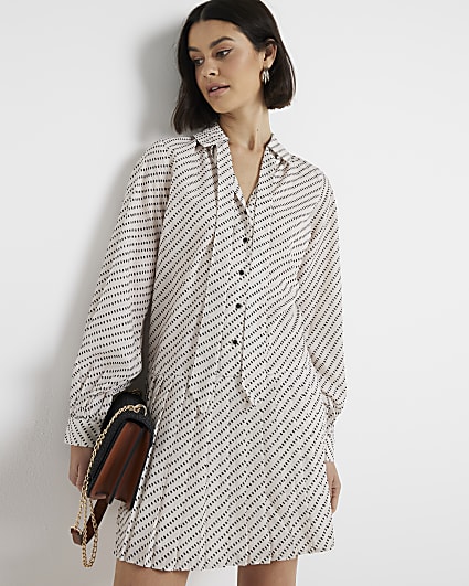 Cream spot pleated mini shirt dress