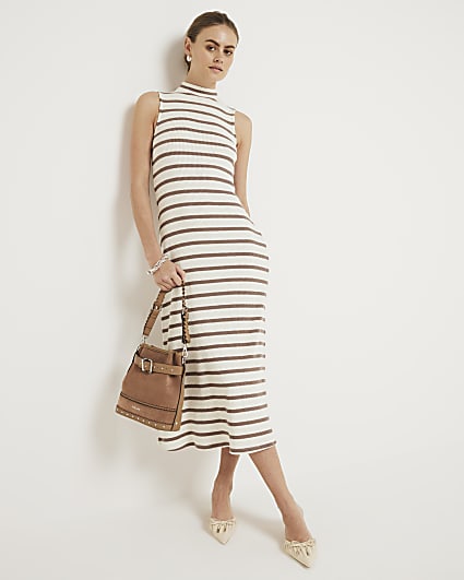 Beige stripe ribbed bodycon midi dress