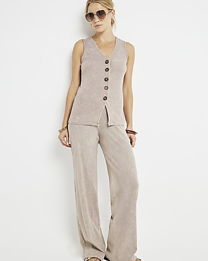 Beige Wide Leg Washed Ribbed Trousers