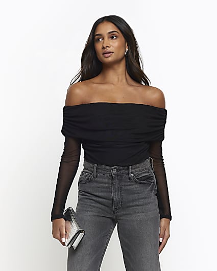 Black ruched bardot top