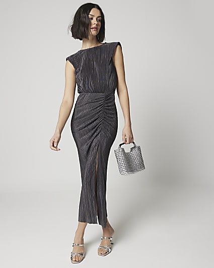 Grey plisse ruched bodycon midi dress