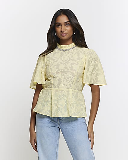 Yellow jacquard diamante trim blouse