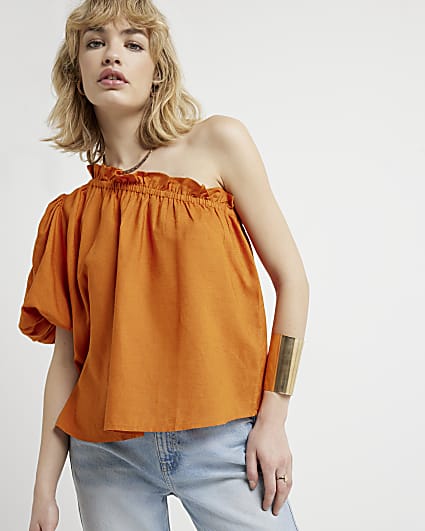 Rust Linen Blend One Shoulder Top